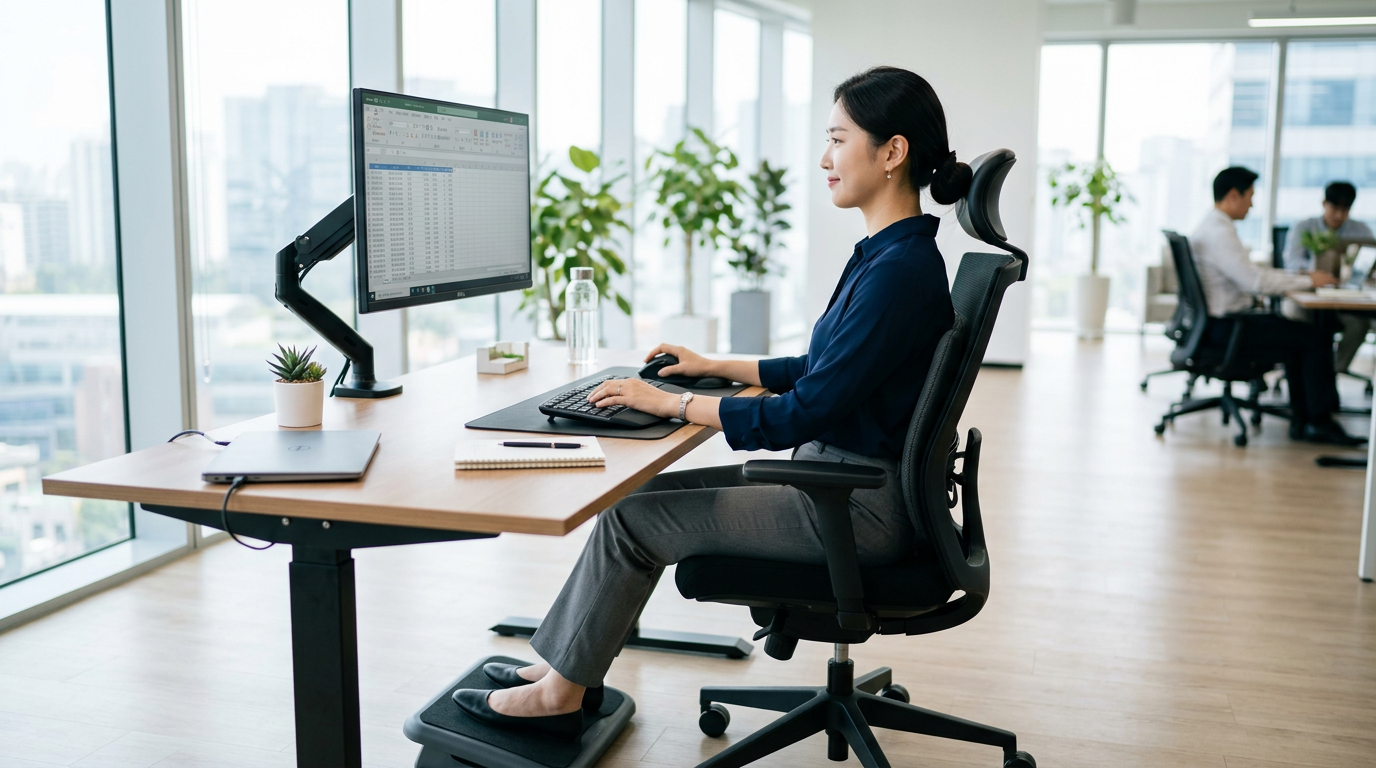 사무직 올바른 앉은 자세 예시 - 모니터 눈높이 맞춤